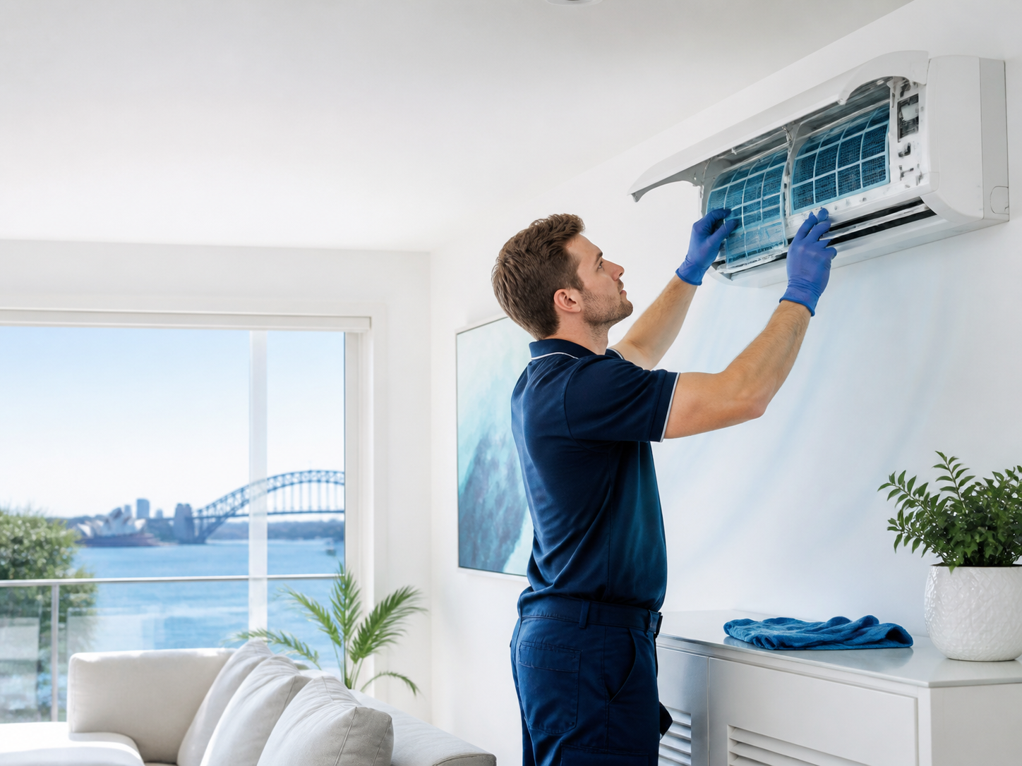 Technician cleaning a wall mounted air conditioner